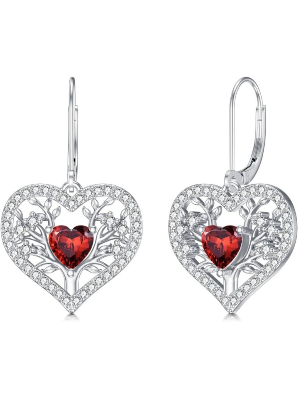 Sterling Silver Garnet Tree of Life Earrings, Heart-Shaped Birthstone Gift for